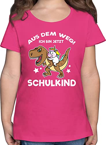 T-Shirt Mädchen - Einschulung - Aus dem Weg Ich Bin jetzt Schulkind Einhorn auf Dinosaurier - 140 (9/11 Jahre) - Fuchsia - Geschenke Schulanfang Tshirt zur schulanfänger Geschenk Outfit für von Shirtracer