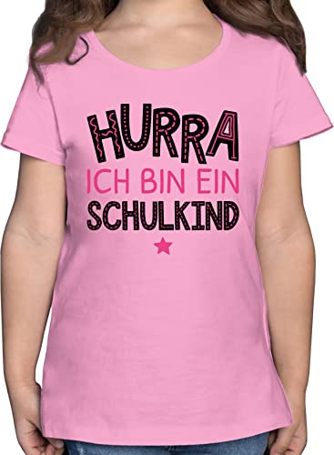 T-Shirt Mädchen - Einschulung - Hurra ich Bin EIN Schulkind pink - 128 (7/8 Jahre) - Rosa - schulkinder Tshirt ersten Schultag Shirt Kinder t schulanfangsgeschenk Sachen erstes schuljahr zum von Shirtracer