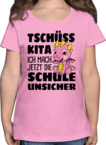 T-Shirt Mädchen - Einschulung - Tschüss Kita ich mach jetzt die Schule unsicher! Mit rosa Drachen - 116 (5/6 Jahre) - Rosa - Shirt für Schulanfang Schulkind sprüche Kindershirt Abschied von Shirtracer