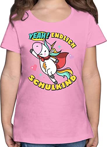 T-Shirt Mädchen - Einschulung - Yeah Endlich Schulkind Einhorn Superheld - 128 (7/8 Jahre) - Rosa - anziehsachen Schulanfang Geschenk erster Schultag Klamotten zur Shirt grundschule t und von Shirtracer