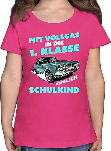 T-Shirt Mädchen - Einschulung - Mit Vollgas in die 1. Klasse Endlich Schulkind - Auto Rennauto - 140 (9/11 Jahre) - Fuchsia - Kinder Schulanfang Outfit 1.klasse Geschenke t Shirt zur von Shirtracer