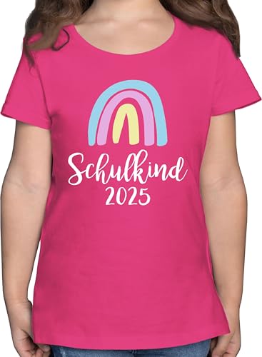 T-Shirt Mädchen - Einschulung - Schulkind 2025 Regenbogen Pastell/Weiß - 128 (7/8 Jahre) - Fuchsia - Schulanfang Tshirt einschulungsshìrts schulanfänger vorschulkind Shirt 2022 von Shirtracer