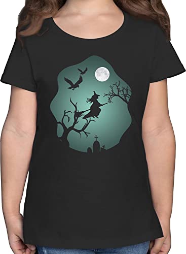 T-Shirt Mädchen - Halloween - Hexe Mond Grusel Vollmond - 152 (12/13 Jahre) - Schwarz - Witch Tshirt Haloween Outfits hexenhut Shirt Horror Hut Kind Helloween Party Besen t_Shirt haöloween Witches von Shirtracer