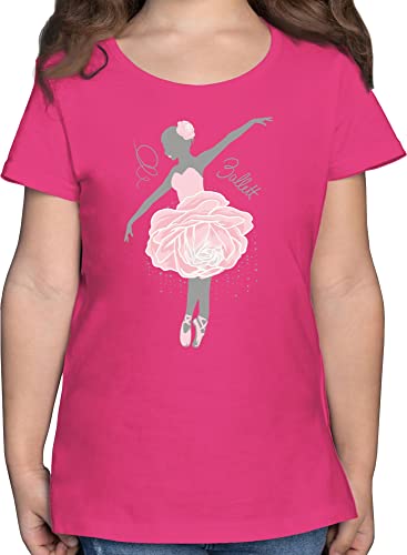 T-Shirt Mädchen - Kinder Sport Kleidung - Ballerina - grau/rosa - 128 (7/8 Jahre) - Fuchsia - Sport-Shirt Ballett Tshirt Sportshirt Kurzarm Shirt Shirts Outfit t-Shirts t_Shirt für t von Shirtracer