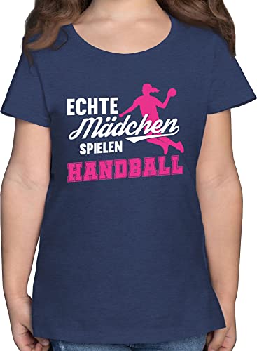 T-Shirt - Kinder Sport Kleidung - Echte Mädchen Spielen Handball weiß/Fuchsia - 164 (14/15 Jahre) - Dunkelblau Meliert - Tshirt sprüche Sportshirt Kurzarm Sport-Shirt Shirt Outfit t_Shirt von Shirtracer