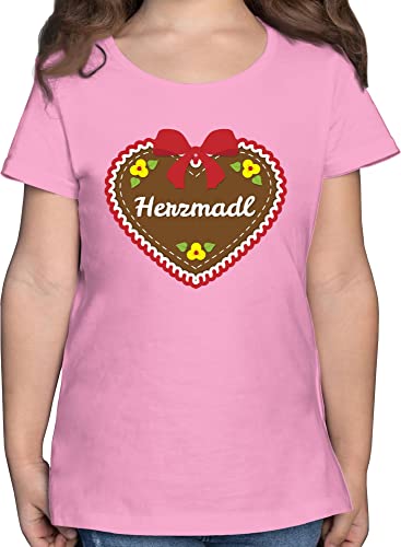 T-Shirt Mädchen - Kompatibel mit Oktoberfest Kinder Trachtenshirt - Herzmadl Lebkuchenherz Rot - 128 (7/8 Jahre) - Rosa - Trachten Tshirt Kind Bayerisches t-Shirts Volksfest Shirt Bavarian Shirts von Shirtracer