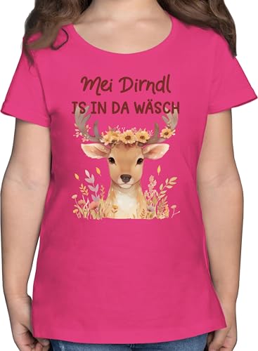 T-Shirt Mädchen - Kompatibel mit Oktoberfest Kinder Trachtenshirt - MEI Dirndl is in da Wäsch | Hirschkopf | Volksfest Hirsch | Trachtenfans - 128 (7/8 Jahre) - Fuchsia - Trachten Outfit Kind von Shirtracer