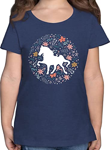 T-Shirt Mädchen - Pferde - Pferd mit Blumen - 164 (14/15 Jahre) - Dunkelblau Meliert - pferdemädchen Animal Print Shirt Kurzarm tiermotive pferdezubehör Tshirt Horse pferdemotiv und t Shirts von Shirtracer