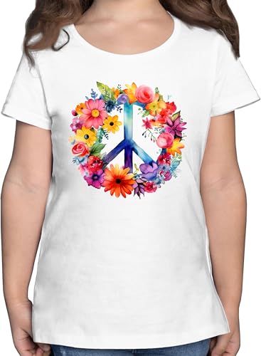 T-Shirt Mädchen - Statement - Peacezeichen I Peace Symbol Hippie I Frieden I 60er I 70er Flower Power I Flowerpower - 128 (7/8 Jahre) - Weiß - sprüche Hippy Shirts Hippi Shirt friede t mit Kinder von Shirtracer