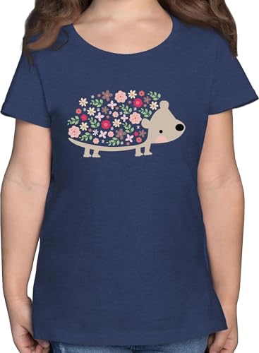 T-Shirt Mädchen - Süßer Igel Frühlingstiere mit Blumen I - 140 (9/11 Jahre) - Dunkelblau Meliert - Tier Tshirt Kita Shirt Tiere kinderkleidung Ostern Shirts Ostern￼ t-Shirts Hedgehog t von Shirtracer