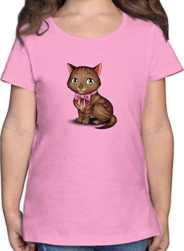 T-Shirt Mädchen - Tiermotiv Animal Print - Kätzchen mit Schleife - 128 (7/8 Jahre) - Rosa - Tshirt tiermotiven tiermotive Shirt Tier t-Shirts Animals Shirts Tiere Kinder Tieren mädels Kind t für von Shirtracer