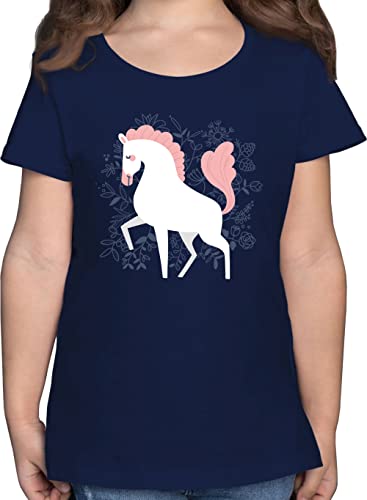 T-Shirt Mädchen - Pferde - Pferd mit Blumen - 140 (9/11 Jahre) - Dunkelblau - sprüche pferdeliebe Kinder Tshirt Pferde. pferdeliebhaberin t Shirt Reiter Sachen Reiterin Oberteile reitersachen für von Shirtracer