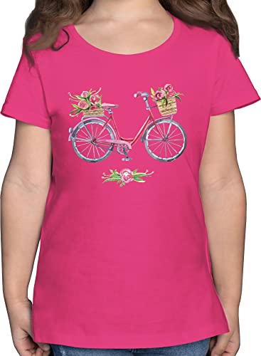 T-Shirt Mädchen - Trend Kinderkleidung und Co - Vintage Fahrrad Wasserfarbe Blumen - 140 (9/11 Jahre) - Fuchsia - Bike Shirt fahrrd Tshirt Kinder fahrradmotiv t-Shirts Bicycle t_Shirt Blume für von Shirtracer