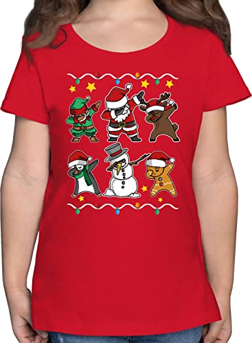 T-Shirt Mädchen - Weihnachten Kinder Geschenke Christmas - Dabbing Weihnachtsfiguren Schneemann Weihnachtsmann Rentier - 128 (7/8 Jahre) - Rot - »Dabbing Shirt Xmas mit Figuren Tshirt Weinachten von Shirtracer