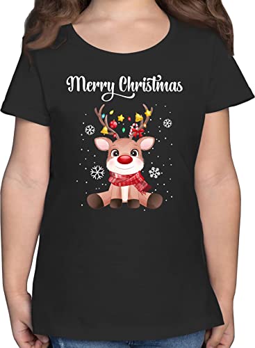 T-Shirt Mädchen - Weihnachten - Merry Christmas süßes Rentier | Rudolph Elch Rudolf - 116 (5/6 Jahre) - Schwarz - Weihnachts-Shirt weihnachtsmotiv Schneeflocken Shirt Tshirt weihnacht t Kinder von Shirtracer