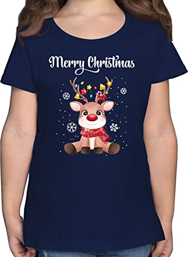 T-Shirt Mädchen - Weihnachten - Merry Christmas süßes Rentier | Rudolph Elch Rudolf - 140 (9/11 Jahre) - Dunkelblau - Weihnachts-Shirt weihnachtsmotiv Schneeflocken Shirt Tshirt weihnacht t von Shirtracer
