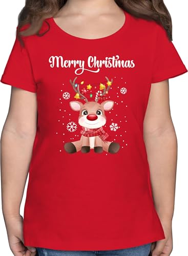 T-Shirt Mädchen - Weihnachten - Merry Christmas süßes Rentier | Rudolph Elch Rudolf - 140 (9/11 Jahre) - Rot - Weihnachts-Shirt weihnachtsmotiv Schneeflocken Shirt Tshirt weihnacht t Kinder von Shirtracer