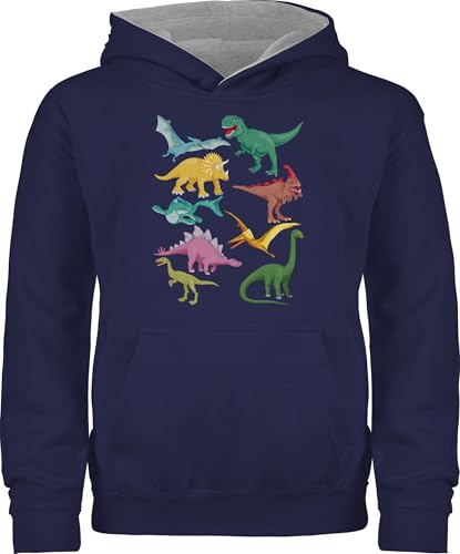 Pullover Kinder Hoodie Jungen Mädchen - Tiermotiv Animal Print - Dinos - 128 (7/8 Jahre) - Navy Blau/Grau meliert - tiermotive dino pullis tiermotiven dinosaurier hoody tier kapuzenpulli animals von Shirtracer