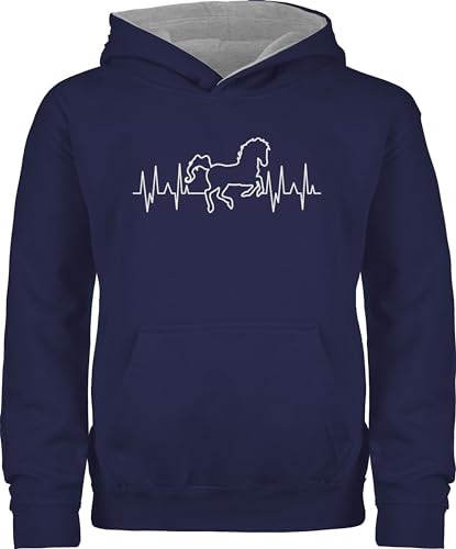 Pullover Kinder Hoodie Jungen Mädchen - Pferde - Pferd Herzschlag - weiß - 140 (9/11 Jahre) - Navy Blau/Grau meliert - reiten Maedchen Geschenk mit pferden Geschenke zubehör Schrift über von Shirtracer