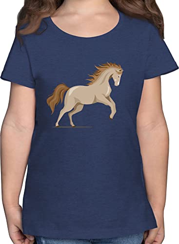 T-Shirt Mädchen - Pferde - Pferd Steigend - 128 (7/8 Jahre) - Dunkelblau Meliert - Shirt Kinder reittshirts pferdegeschenke Tshirt Kind reitshirts Horses Oberteil reitersachen Pferdefreunde von Shirtracer