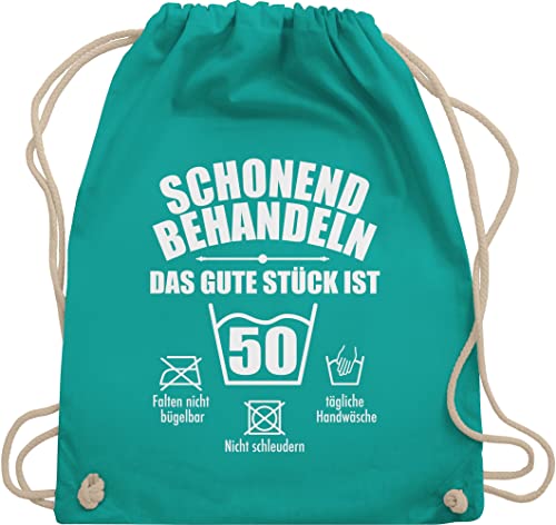 Turnbeutel Rucksack - 50. Geburtstag - Schonend behandeln 50 - Unisize - Türkis - stoffsackerl geschenk zum geschenksack 50-er trainingsbeutel mann jahre fünfziger beuteltasche frau spaßgeschenk von Shirtracer