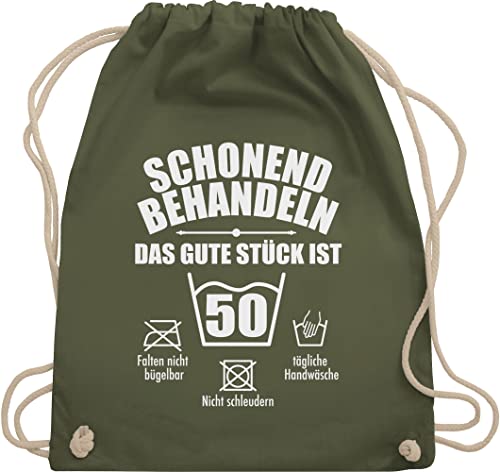 Turnbeutel Rucksack - 50. Geburtstag - Schonend behandeln 50 - Unisize - Olivgrün - gym backpack geschenk 50iger jahre sackerl 50.ten geschenkbeutel jahrgang 1973 sporttasche fünfzigjährige von Shirtracer