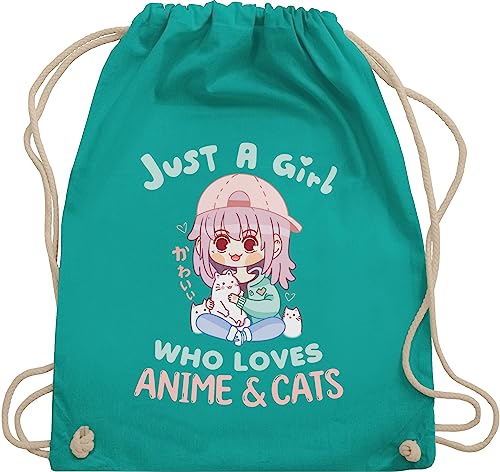 Turnbeutel Rucksack - Geschenke - Just a girl who loves anime & cats kawaii chibi - Unisize - Türkis - tasche baumwolle taschen stoffbeutel mit kordelzug sporttasche turnen beutel turntasche von Shirtracer