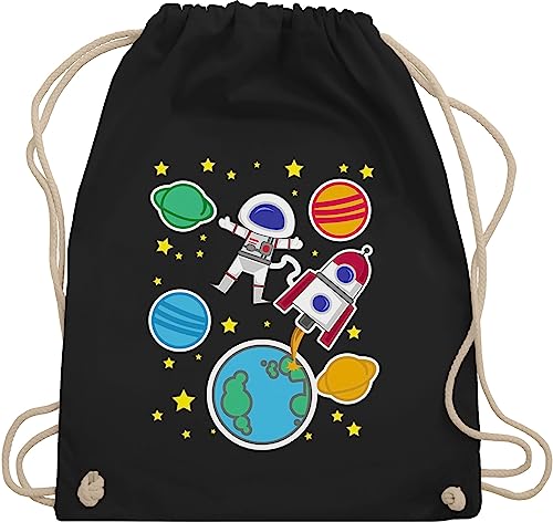 Turnbeutel Rucksack - Bunt gemischt Kinder - Weltall mit Astronaut - Unisize - Schwarz - stern beutel rakete stoffbeutel raketen sportbeutel planeten stoffturnbeutel weltraum trainingsbeutel von Shirtracer