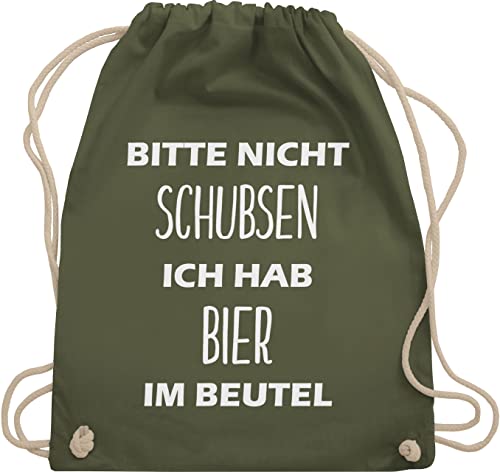 Turnbeutel Rucksack - Festival Zubehör - Bitte nicht schubsen ich hab Bier im Beutel - Unisize - Olivgrün - bierrucksack festival-bag geschenk weihnachten alkohol stoffbeutel biertasche von Shirtracer