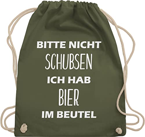 Turnbeutel Rucksack - Festival Zubehör - Bitte nicht schubsen ich hab Bier im Beutel - Unisize - Olivgrün - biergeschenke für männer lustig stoffbeutel baumwolle geschenk zum 20 geburtstag mann von Shirtracer