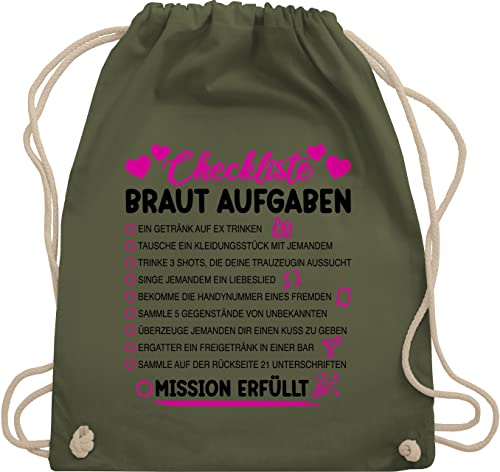 Shirtracer Turnbeutel Rucksack - JGA Junggesellenabschied Frauen - Braut Aufgaben I Mutprobe Checkliste - Unisize - Olivgrün - damen sprüche junggesellenabschieds turnsäckchen bride trinkbeutel von Shirtracer