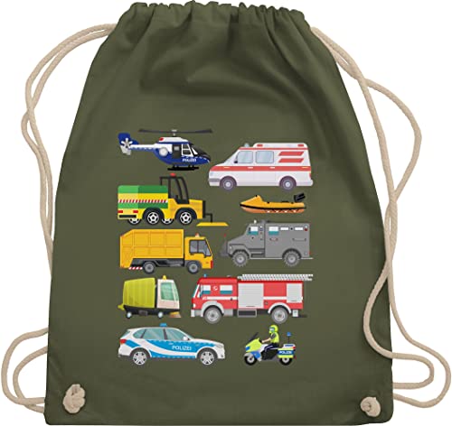 Turnbeutel Rucksack - Kinder Traktor Bagger und Co. - Fahrzeuge mit Sirene - Unisize - Olivgrün - turnsack juterucksäcke gym bag turnen tasche umhängebeutel stoff stoffrucksack kinderturnbeutel von Shirtracer