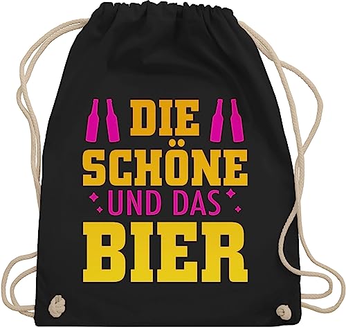 Turnbeutel Rucksack - Party & Alkohol Damen - Die Schöne und das Bier - fuchsia/gelb - Unisize - Schwarz - saufrucksack sauf rucksäcke festival clothes alki ruckack tasche saufen beutel trinken von Shirtracer