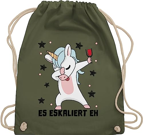 Turnbeutel Rucksack - Party & Alkohol Damen - Es eskaliert eh Einhorn mit Weinglas - Unisize - Olivgrün - gym beutel tasche stoff rucksaecke baumwollrucksäcke turnbeutel. rucksackbeuteltasche von Shirtracer