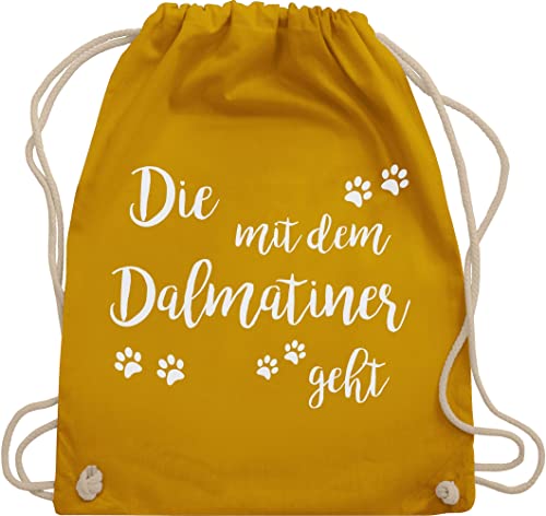 Turnbeutel Rucksack - Sprüche Statement - Die mit dem Dalmatiner geht weiß - Unisize - Senfgelb - beutel stoff tasche sporttasche baumwolle statements sportbeutel aufschrift turnsäckchen spruch von Shirtracer