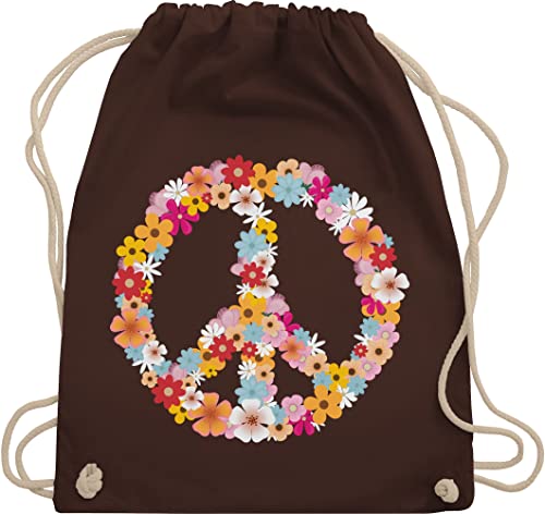 Turnbeutel Rucksack - Sprüche Statement - Peace Flower Power - Hippie Peace Zeichen Friedenszeichen 90er 70er - Unisize - Braun - 70 er jahre umhängebeutel flower-power stoffbeutel mit kordelzug von Shirtracer