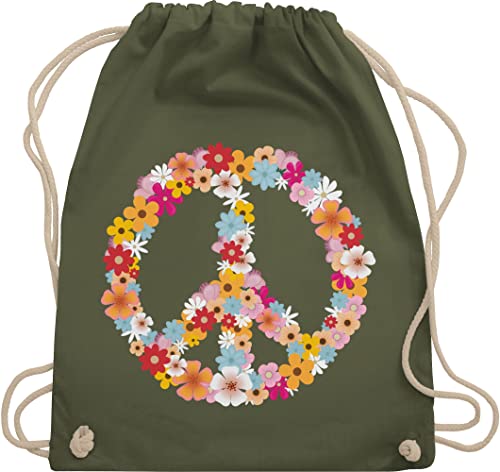 Turnbeutel Rucksack - Sprüche Statement - Peace Flower Power - Hippie Peace Zeichen Friedenszeichen 90er 70er - Unisize - Olivgrün - festival sportbeutel mit buntem print gym bag festivalbeutel von Shirtracer