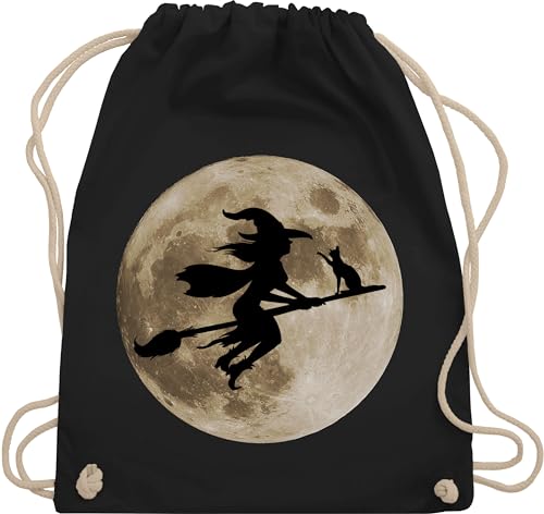Turnbeutel Rucksack - Taschen - Hexe Halloween Hexen auf Besen Vollmond Katze Witch Mond - Unisize - Schwarz - hexentasche haloween outfits fliegende tasche halowen bild stoffbeutel helloween von Shirtracer