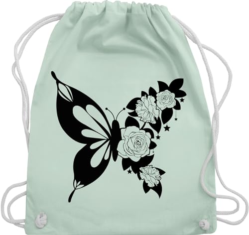 Turnbeutel Rucksack - Tiere Meerschweinchen Hase & Co. - Schmetterling mit Blumen - schwarz - Unisize - Pastell Grün - tieren tiermotiv schmetterlinge stofftasche animal schmetterlingen tasche von Shirtracer