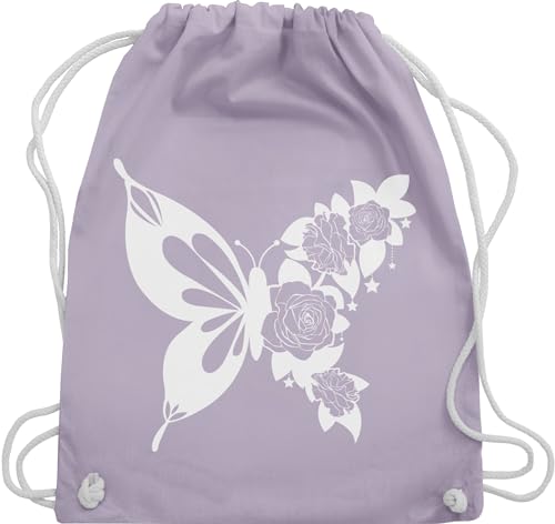 Turnbeutel Rucksack - Tiere Meerschweinchen Hase & Co. - Schmetterling mit Blumen - weiß - Unisize - Pastell Lila - tieren tiermotiv schmetterlinge beutel animal schmetterlingen stofftasche von Shirtracer