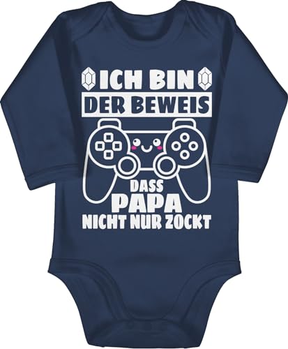 Shirtracer Baby Body langarm Mädchen Junge - Geschenk zum Vatertag - Ich bin der Beweis das Papa nicht nur zockt mit Controller - weiß - 3/6 Monate - Navy Blau - vatertagsgeschenk vatertagsbody von Shirtracer