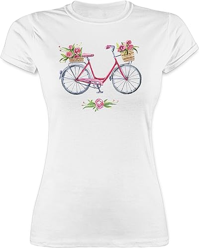 Shirt Damen - Retro - Vintage Fahrrad Wasserfarbe Blumen - XXL - Weiß - Tshirt Frauen mit Aufdruck t Shirts t-Shirt t-Shirts Kurzarm Frau Tshirts bedrucktes fahrradshirt Kunst fahrradmotiv leiberl von Shirtracer