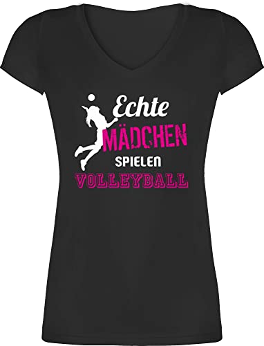 T-Shirt Damen V Ausschnitt - Geschenke Zubehör - Echte Mädchen Spielen Volleyball - M - Schwarz - vollyball Geschenk volleyballer Tshirt t Shirt t-Shirts t- Shirts von Shirtracer