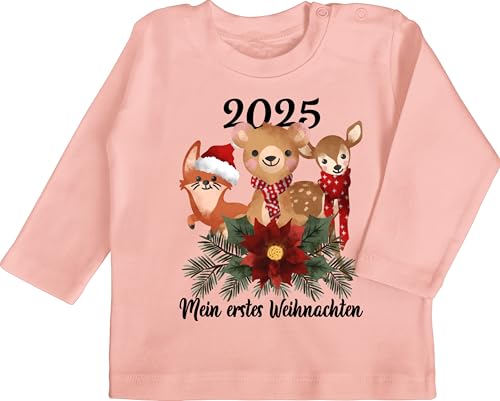 Baby Langarmshirt - Geschenke Christmas - 2025 Mein erstes Weihnachten mit süßen Tieren - schwarz - 6/12 Monate - Babyrosa - Outfit Junge weihnachtpullor weihnachtsmotiv 1.Weihnachten Shirt von Shirtracer