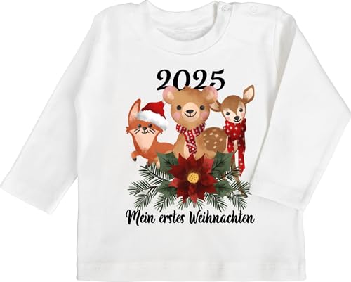 Baby Langarmshirt - Geschenke Christmas - 2024 Mein erstes Weihnachten mit süßen Tieren - schwarz - 6/12 Monate - Weiß - My 1st t - Shirt 1. Outfit weihnachtsartikel 1stes Longsleeve von Shirtracer