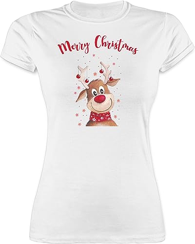 Shirt Damen - Weihnachten Geschenke Bekleidung - Merry Christmas Rentier - M - Weiß - Weihnachts weihnachs t weihnachtst-Shirt weihnachtsartikel Frauen weihnachtsmode weihachten t-Shirt von Shirtracer