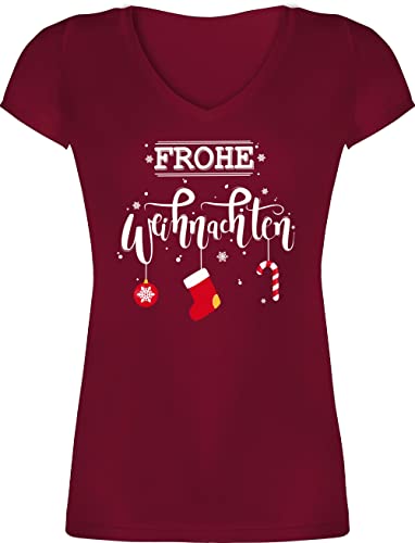 T-Shirt Damen V Ausschnitt - Frohe Weihnachten I Weihnachtsmotiv - 3XL - Bordeauxrot - weihnachtsshirt weihnachtsoutfit Christmas weihnacht Tshirt weihnachtstshirtdamen weihnachtsshirts Weihnachts von Shirtracer