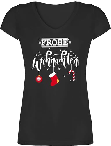 T-Shirt Damen V Ausschnitt - Frohe Weihnachten I Weihnachtsmotiv - XL - Schwarz - weihnachtsshirt weihnachtsoutfit Christmas weihnacht Tshirt weihnachtstshirtdamen weihnachtsshirts Weihnachts Shirt von Shirtracer