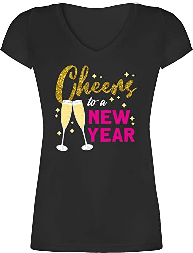 T-Shirt Damen V Ausschnitt - Silvester Erwachsene - Cheers to a New Year - M - Schwarz - Outfit Tshirt, Party Shirt t 2024 Happy Oberteil v-Shirt Oberteile Frauen für Years Shirts von Shirtracer