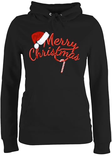 Pullover Damen Hoodie Frauen - Weihnachten - Merry Christmas Zuckerstange I Weihnachtsmotiv - L - Schwarz - weihnachtshoodies weihnachtspullis weihnacht Xmas Pulli Weihnachtspullover von Shirtracer